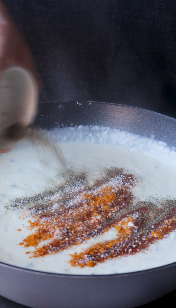 Saute onions and jalapeños in butter and garlic then add flour, whole milk, half and half cream, a perfect blend of seasonings

Afghan Macaroni and Cheese